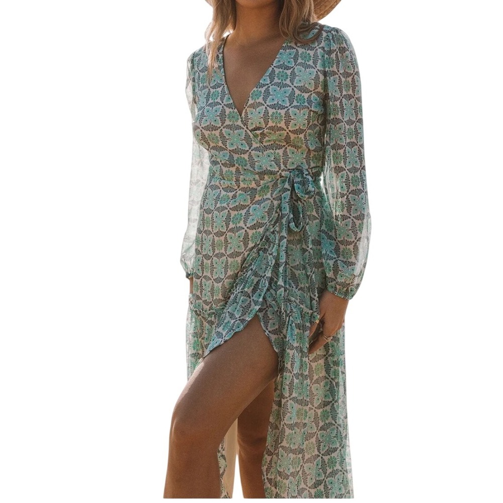 Lovestitch Teal Blue Geometric Floral Print Wrap Maxi Dress Long Sleeve L Sheer - Picture 2 of 16